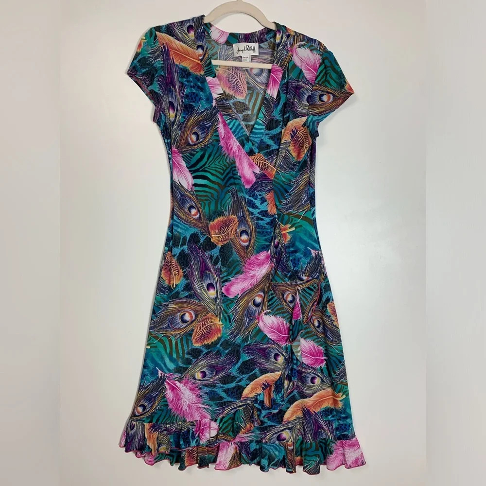 Joseph Ribkoff Women’s Size 8  Peacock Feather Dress Colourful Faux Wrap Ruffle